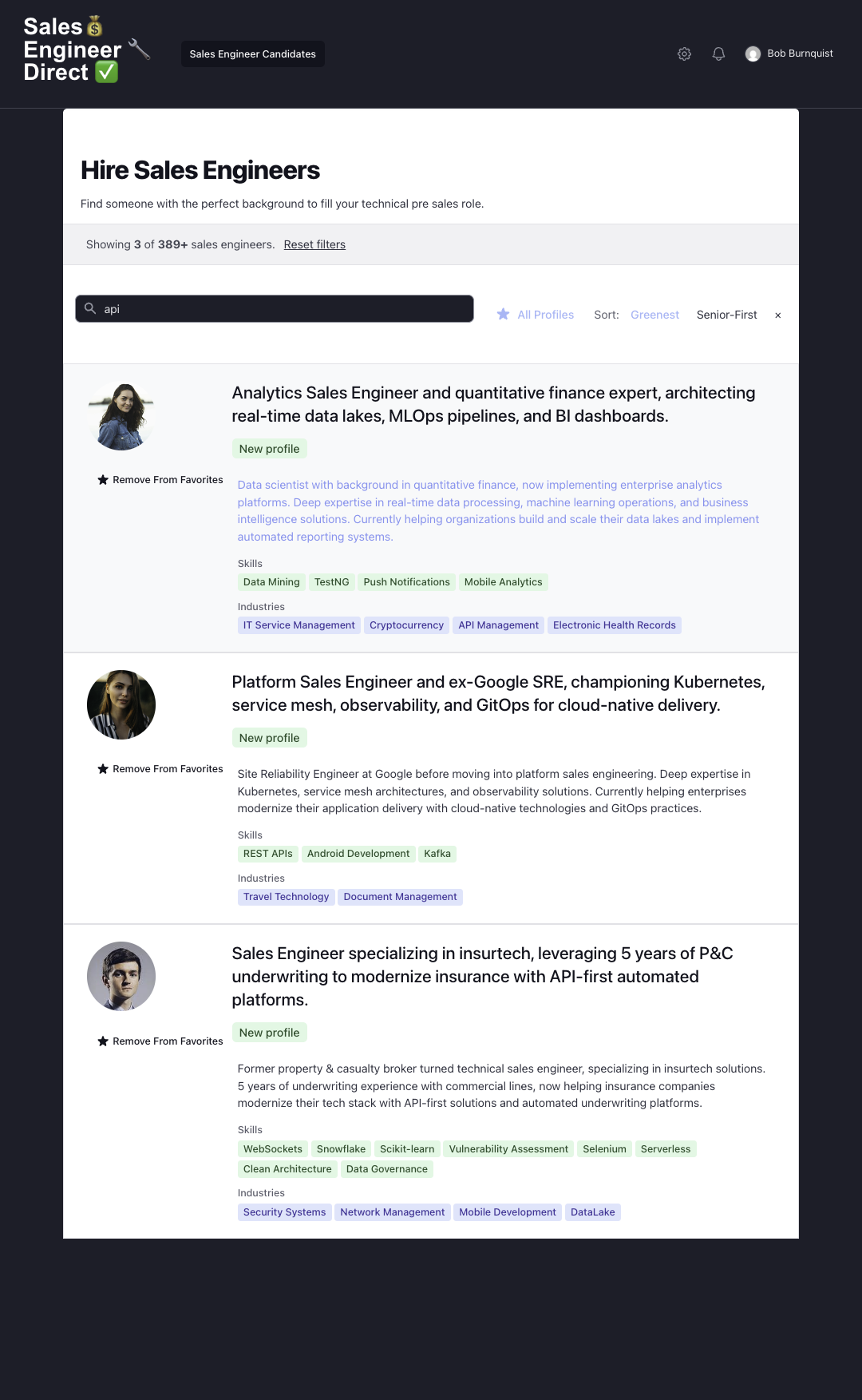 Save favorites while searching for sales engineers