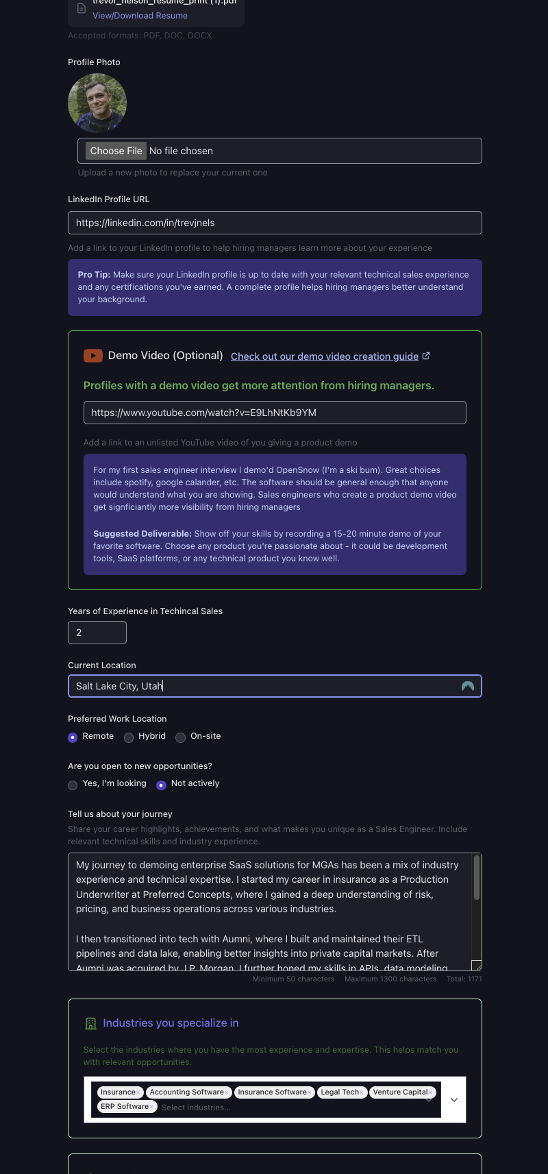 Create a Sales Engineer profile