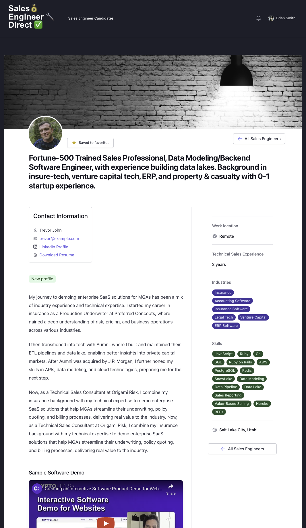 Sales Engineer profile page